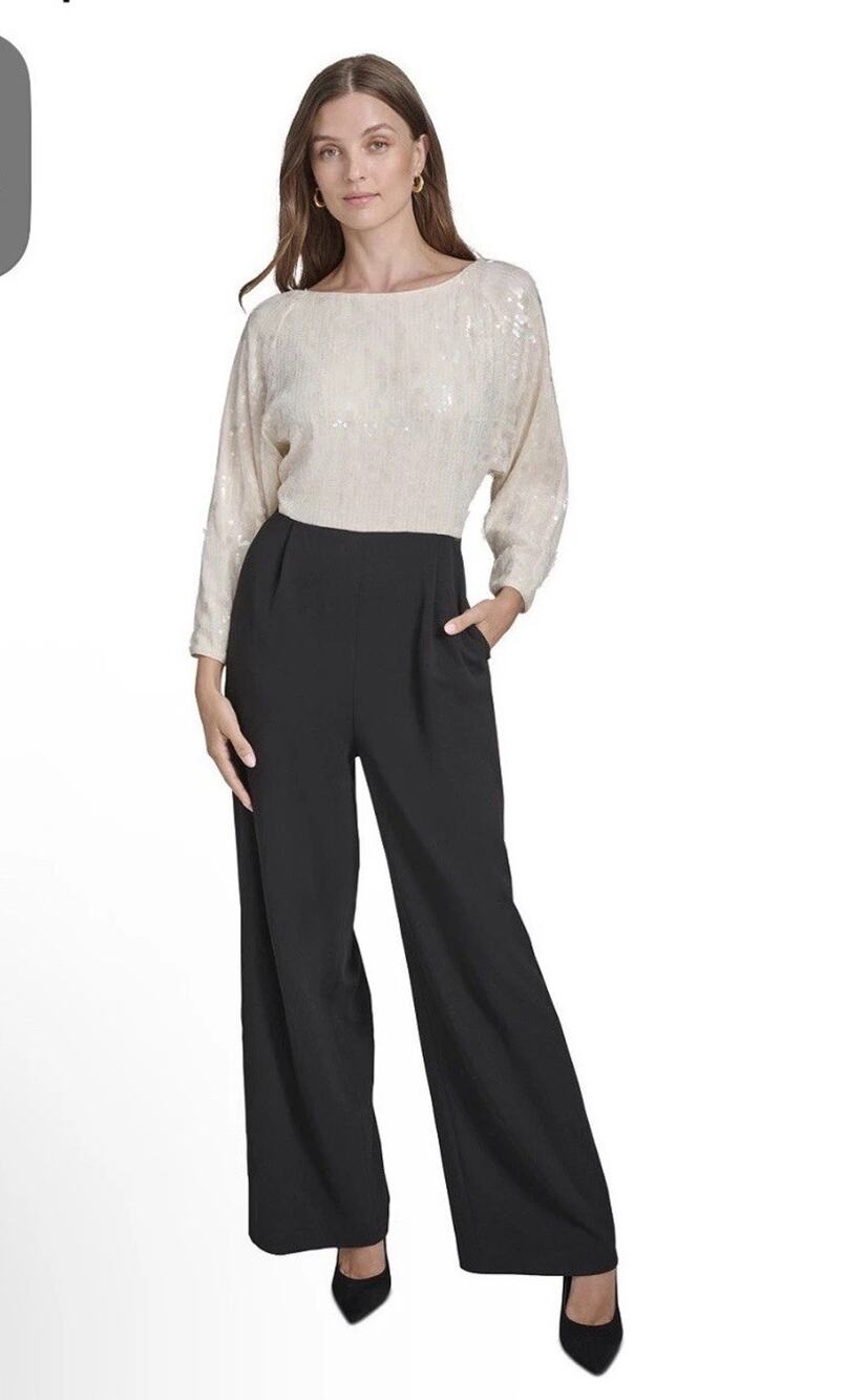 Halston Women's Black Ivory Sequined Wide-Leg Jumpsuit Size 8 $169 #100